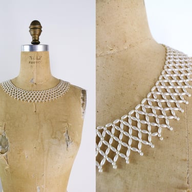 90s White Beaded Collar / Vintage Necklace / Pearly Bib Necklace / Statement Necklace / Costume Pearls Collar 