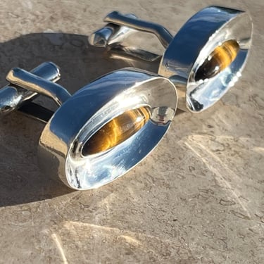 Antonio Pineda ~ Midcentury Taxco 970 Silver and Tigers Eye Oval Toggle Back Cuff Links ~ 26 Grams 