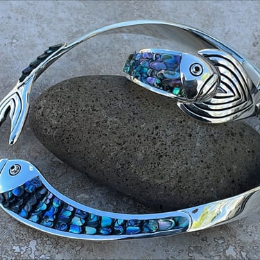 Manuel Porcayo Figueroa ~ Vintage Taxco Sterling Silver and Abalone Hinged Fish Necklace and Bracelet Set 