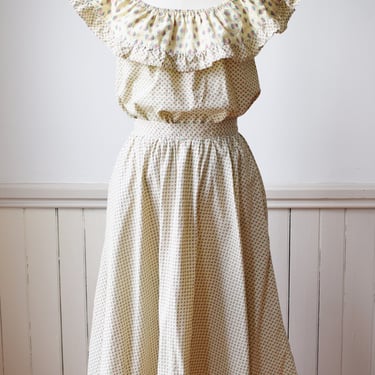1970s Ruffle Neck Cotton Dress Set | S 