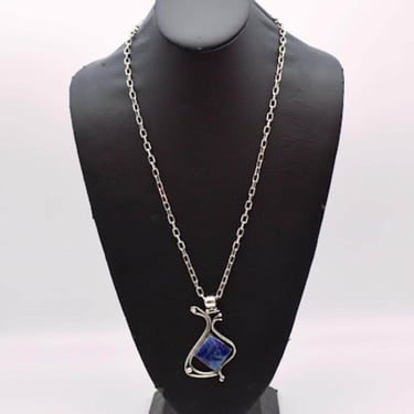 70's Peru 950 silver sodalite Modernist pendant on Italy 925 sterling paperclip chain necklace 