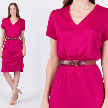 70s 80s Hot Pink Knit Dress - Medium | Vintage Semi Sheer Retro Fitted Waist Dress 