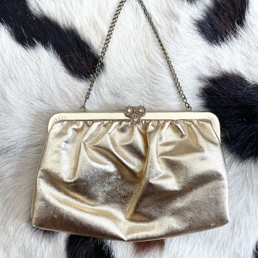 Vintage 70s Gold Floral Clasp Evening Bag 