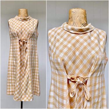 Vintage 1960s Sleeveless Gingham Check Dress, 60s Plaid Cowl Neck Shift, Mid-Century Summer Sheath with Adjustable Front Tie, 34" Bust 
