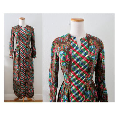 Vintage Hippie Maxi Dress 70s Patchwork Psychedelic Long Gown - Size Medium 