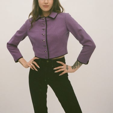 Vintage 1960s 60s Bright Purple Wool Cropped Button Up Blazer w/ Velvet Piping 