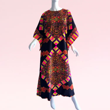 1970s Vintage Rhapsody Hawaiian Psychedelic Dashiki Kimono Caftan Dress, 