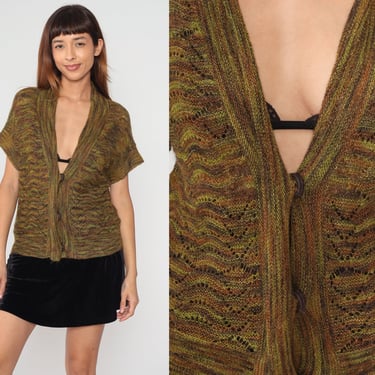 Space Dye Cardigan 90s Button up Sweater Top Brown Green Mohair Blend Short Sleeve Boho Blouse Knit Shirt Vintage 1990s Jones New York Small 