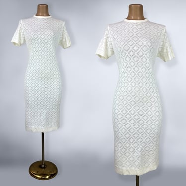 VINTAGE 60s Winter White Orlon Acrylic Pointelle Knit Sweater Dress Sz 14 | 1960s Knit Curvy Midi Dress Knitwear L XL Plus Volup | VFG 