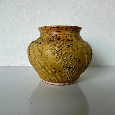 Mid-century Organic Mustar Yellow  Speckle Glaze Studio Pottery Vase, Signed 