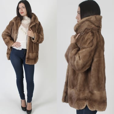 Womens Brown Mink Coat / Vintage 70s Autumn Haze Fur Jacket / Genuine Plush Tan Large Shawl Collar / Warm Opera Stroller Overcoat 