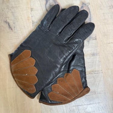 Vintage Black Leather Gloves Women | Brown Suede Detail | Soft Winter Gloves 80s Style 