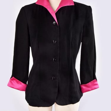 80's HUGO BUSCATI Hot Pink & Black Blazer Jacket Vintage 1980's, Medium, Size 8, Suit Office 