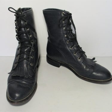 Vintage 1990s Diamond J Justin Lace Up Kiltie Roper Boots, Size 8 1/2B Women, gray blue leather western boots 