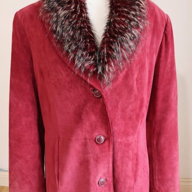 Vintage Y2K Danier Suede Coat with Faux Fur Collar Burgundy Women's Size Small (Oversized) 2000s Retro 