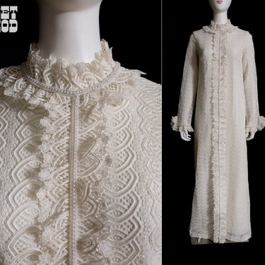 Mod Dream Vintage 60s 70s White Interlocking Lace Long Sleeve Dress with Ruffle Collar & Cuffs 