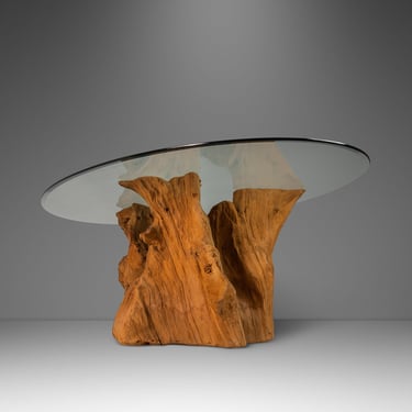 Organic Modern Substantial Glass-Top Dining Table With Cypress Tree Trunk Base, USA, 20th Century 