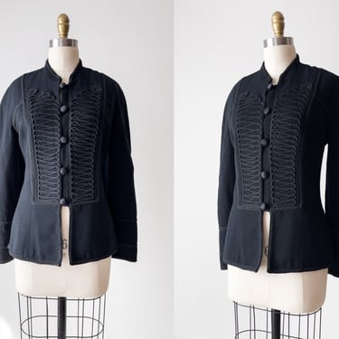 black wool jacket | 80s 90s vintage Alberto Makali black worsted wool embroidered soutache blazer 