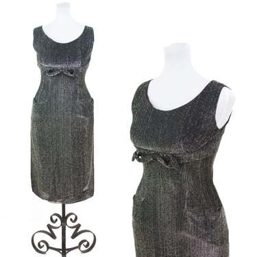 Vintage 1950s Dress ~ Silver and Black Lurex Wiggle Shelf Bust Cocktail Dress 