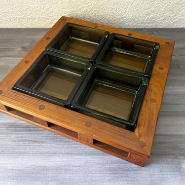 Vintage Early Dansk Teak Tray With Glass Dish Insert, JHQ Denmark, designed by Jens Quistgaard 