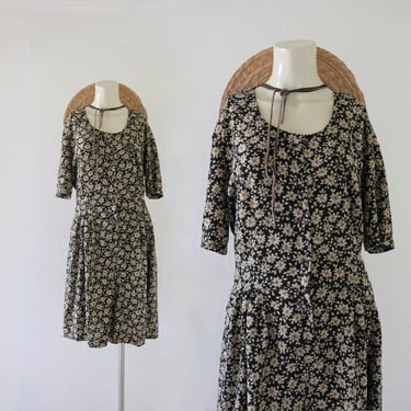 dark floral romper - l - vintage 90s y2k black botanical shorts cute skort jumpsuit shortcut size large womens cottage 