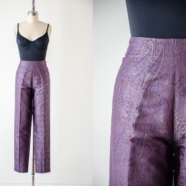 purple silk pants | 90s y2k vintage paisley baroque brocade dark academia style skinny trousers 
