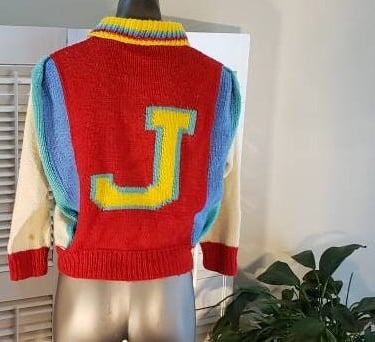 Vintage 70s/80s Color Block "J" Hand Knitted Sweater Zip Front Cardigan sz Med/Lge 