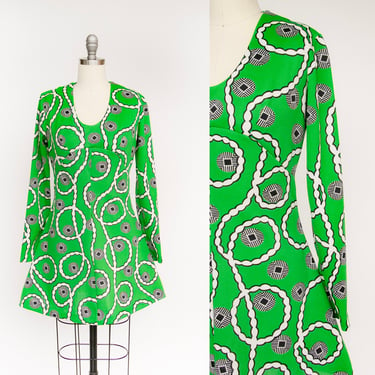 1970s Mini Dress Printed Knit Mod M 