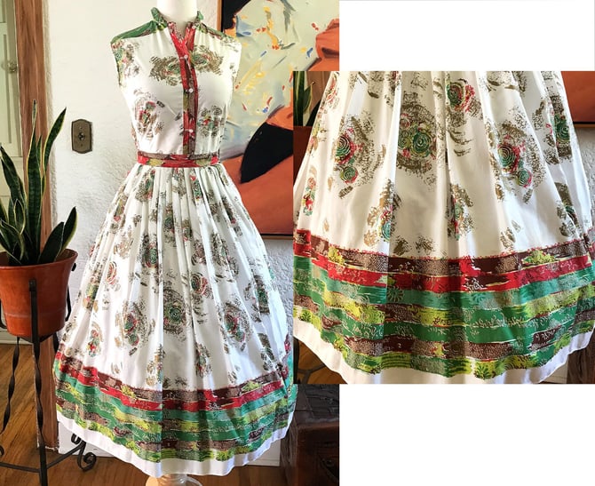 Adorable 1950's Atomic Novelty Border Print Cotton Two Piece Dress Mid Century Modern size Small 