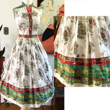 Adorable 1950's Atomic Novelty Border Print Cotton Two Piece Dress Mid Century Modern size Small 