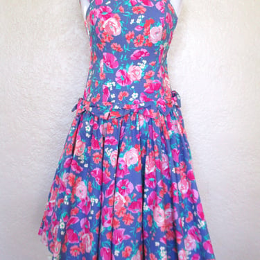 Laura Ashley Dress, Vintage 1980s, Medium Women, Cotton Floral Print, Full Skirt, Crinoline 