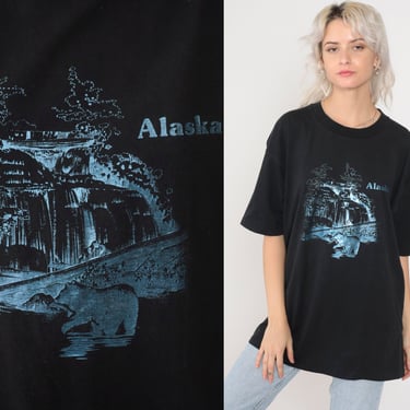 Alaska T-Shirt 90s Metallic Shirt Bear Waterfall Graphic Tee Nature Animal TShirt Retro Single Stitch Black Blue Shiny Vintage 1990s xxl 2xl 