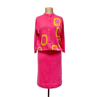 Vintage 1960s Bonnie Cashin Cashmere Skirt Set for Ballantyne, Hot Pink Intarsia Knit Cardigan and Pencil Skirt, Medium, Mint Condition, VFG 