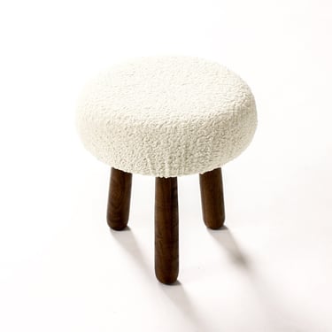 Custom Awassi Tripod Ottoman / Footstool — Turned Walnut legs — Pearl Bouclé 
