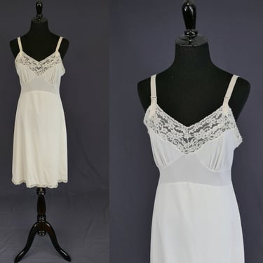 60s Dress Slip - Floral Lace Trim - Soft Off White Ivory - Double Layer Skirt - Nylon Philmaid Full Slip - Vintage 1960s - 36 