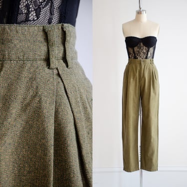 high waisted pants 80s 90s vintage Liz Claiborne olive green cotton pleated straight leg trousers 