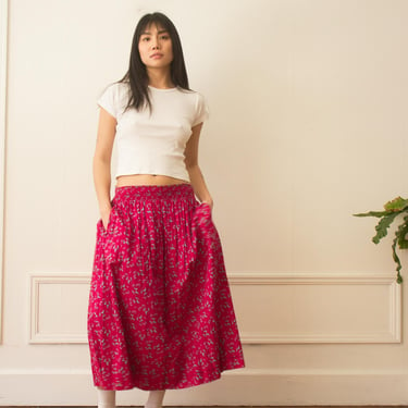 1980s Laura Ashley Raspberry Cotton Smocked Waist Skirt 