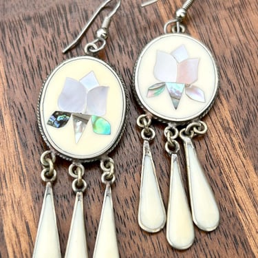 Vintage Silver Abalone Earrings Mother of Pearl Mexican Jewelry Mexico Retro 