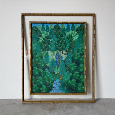 Vintage Oil on Canvas Painting – Tropical Jungle Scene with  Faux Bamboo Frame 