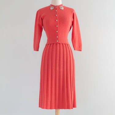 Pristine Early 1950's Coral Wool Boucle' Two Piece Knit Set By Kimberly / S