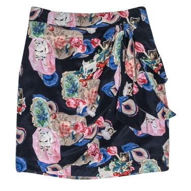 Rebekah Maysles - Navy Floral & Cat Print Faux Wrap Silk Skirt Sz 8