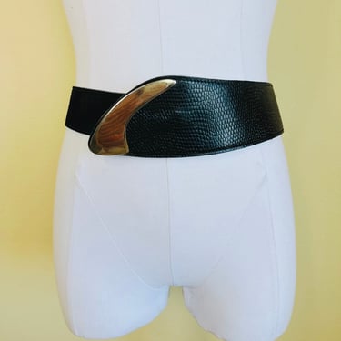 1980s / 80 Black Leather and Sueded Silver Buckle Brutalist Calderon Corset Belt Medium 28-31