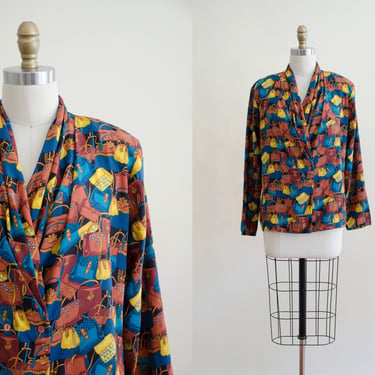 novelty print silk blouse | purse patterned silk shirt 