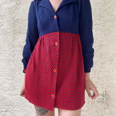60s Gigette navy blue and red checkerboard micro mini dress 