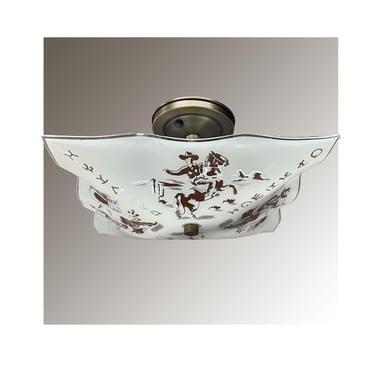 Mid Century Cowboy Rodeo Theme Glass Shade with Newly Built Antique Brass Fixture - Semi Flush Ceiling Light - 12" Shade Width 
