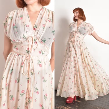 Vintage 1950s Dress / 50s Rose Print Maxi Length Dressing Gown / Pink ( small S ) 