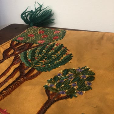 Vintage MCM Hand Embroidered Forest Pillowcase with Green Tassel Detail Mid Century Modern Retro 