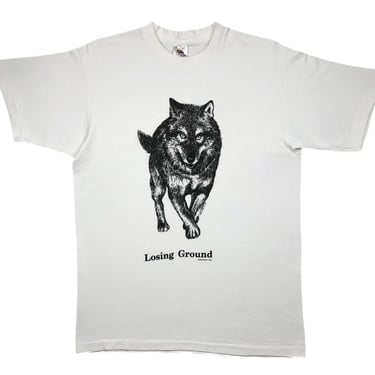 Vintage 1990 Human-I-Tees “Losing Ground” North American Wolf Extinction Awareness Graphic T-Shirt Size Medium/Large 