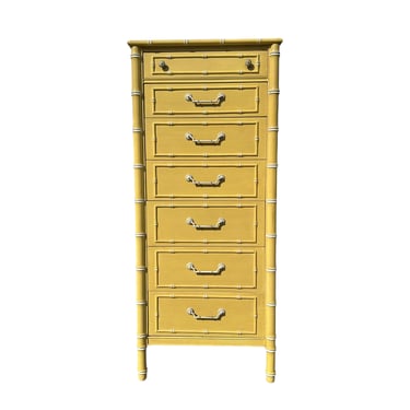 Faux Bamboo Lingerie Dresser Chest of 7 Drawers by Thomasville Allegro - Vintage Yellow Coastal Chinoiserie Hollywood Regency Furniture 