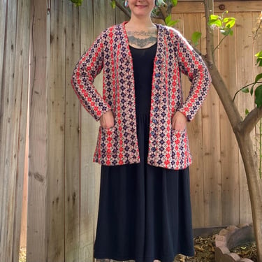 Vintage 1970’s Red, White and Blue Diamond Print Cardigan 